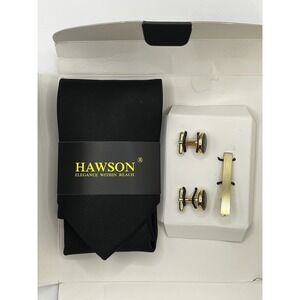 Hawson Black Tie With Gold Cuff Links And Tie Clip Jewelry Wedding Business New